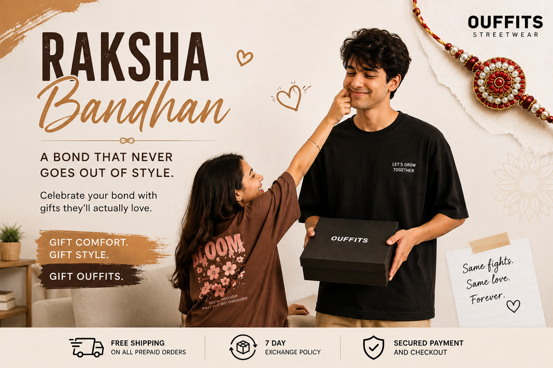 Raksha Bandhan celebration with siblings wearing Ouffits oversized T-shirts and exchanging a gift