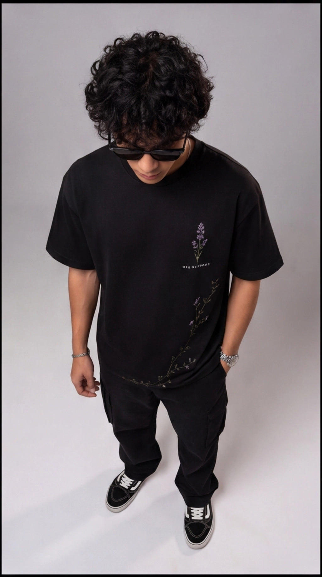 Lavender Floral Graphic Oversized T-Shirt - Black