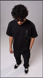 Lavender Floral Graphic Oversized T-Shirt - Black