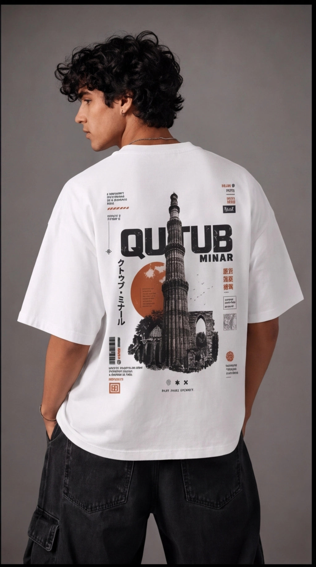 Qutub Minar Heritage Oversized T-Shirt – White Urban Graphic Tee
