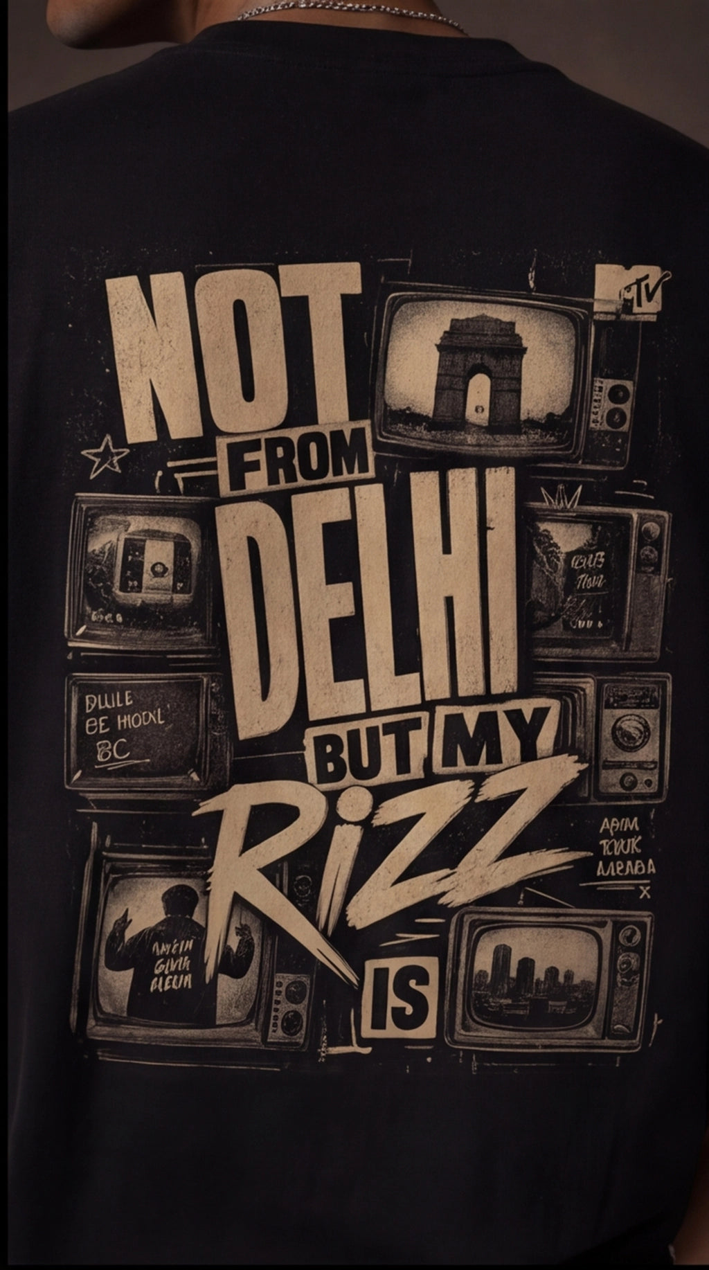 Not From Delhi But My Rizz Is Oversized T-Shirt – Black Vintage Graphic Tee