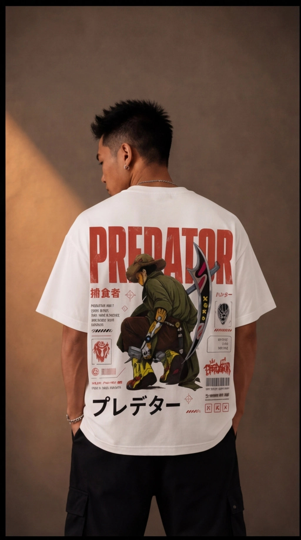 Predator Samurai Graphic Oversized T-Shirt – White Anime Streetwear Tee