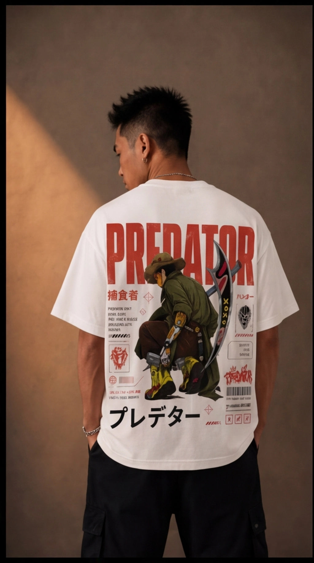 Predator Samurai Graphic Oversized T-Shirt – White Anime Streetwear Tee