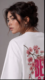 Belle Âme Cherry Blossom Oversized T-Shirt – White Floral Graphic Tee