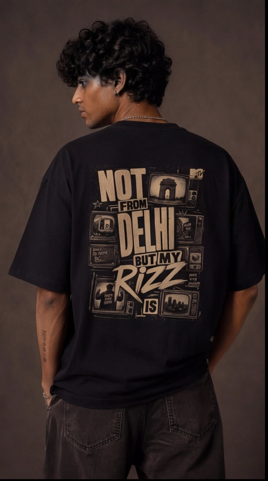 Not From Delhi But My Rizz Is Oversized T-Shirt – Black Vintage Graphic Tee