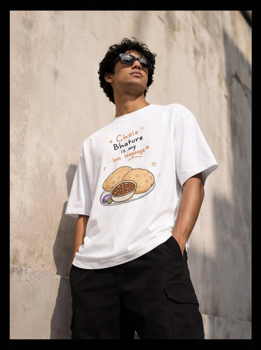Chole Bhature Is My Love Language Oversized T-Shirt – White Graphic Tee