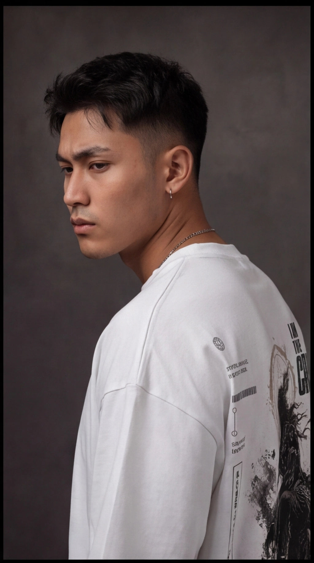 Ouffits white mythic warrior graphic oversized t-shirt — Creator & Destroyer – Man wearing a white shirt with graphic designs on a dark background