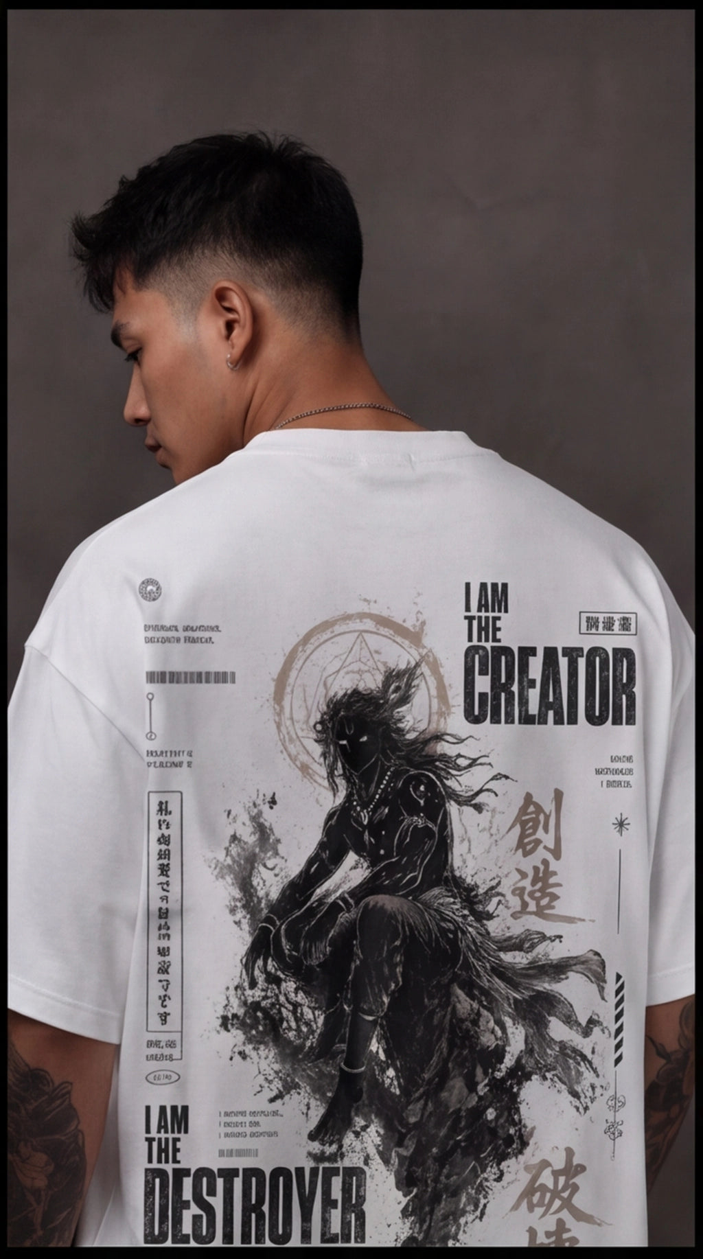 Ouffits white mythic warrior graphic oversized t-shirt — Creator & Destroyer –  Person wearing a white t-shirt with graphic design and text on the back