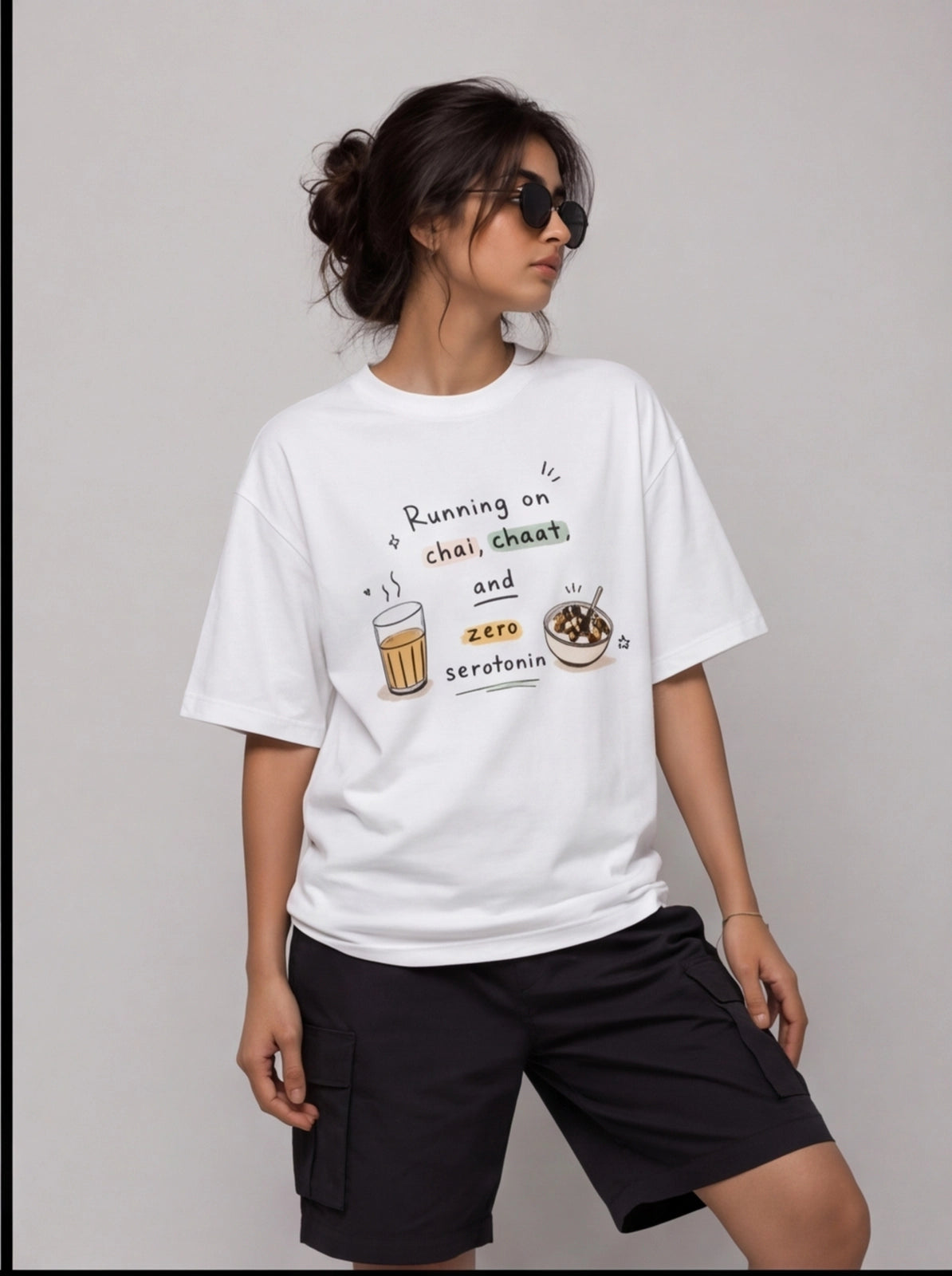 Running on Chai, Chaat & Zero Serotonin Oversized T-Shirt – White Graphic Tee