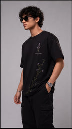 Lavender Floral Graphic Oversized T-Shirt - Black