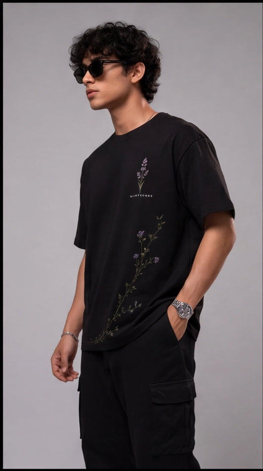 Lavender Floral Graphic Oversized T-Shirt - Black