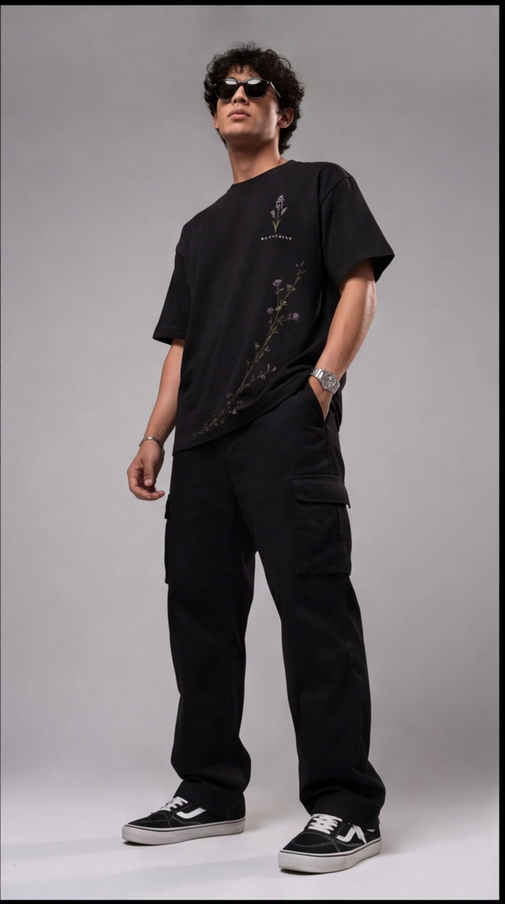 Lavender Floral Graphic Oversized T-Shirt - Black
