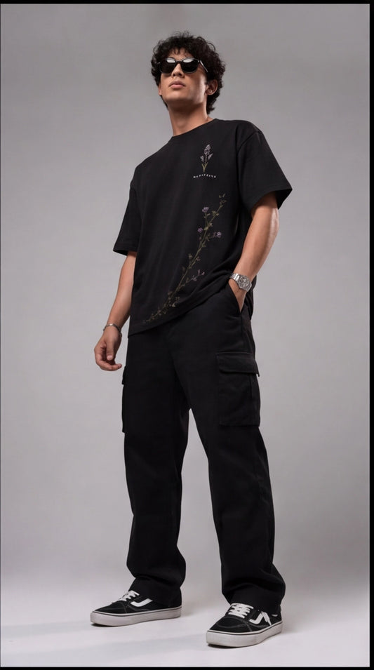 Lavender Floral Graphic Oversized T-Shirt - Black