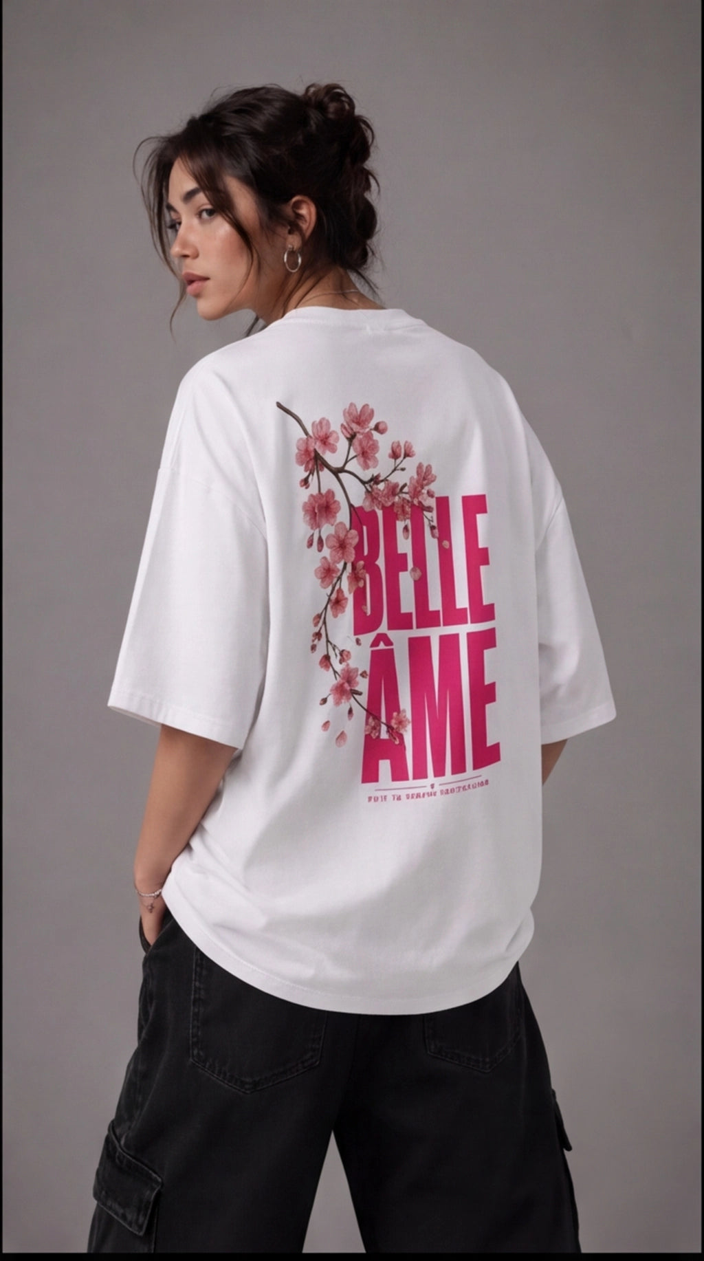 Belle Âme Cherry Blossom Oversized T-Shirt – White Floral Graphic Tee
