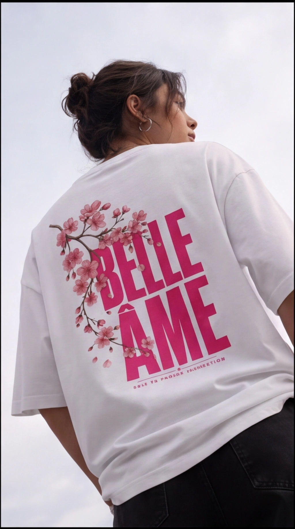Belle Âme Cherry Blossom Oversized T-Shirt – White Floral Graphic Tee