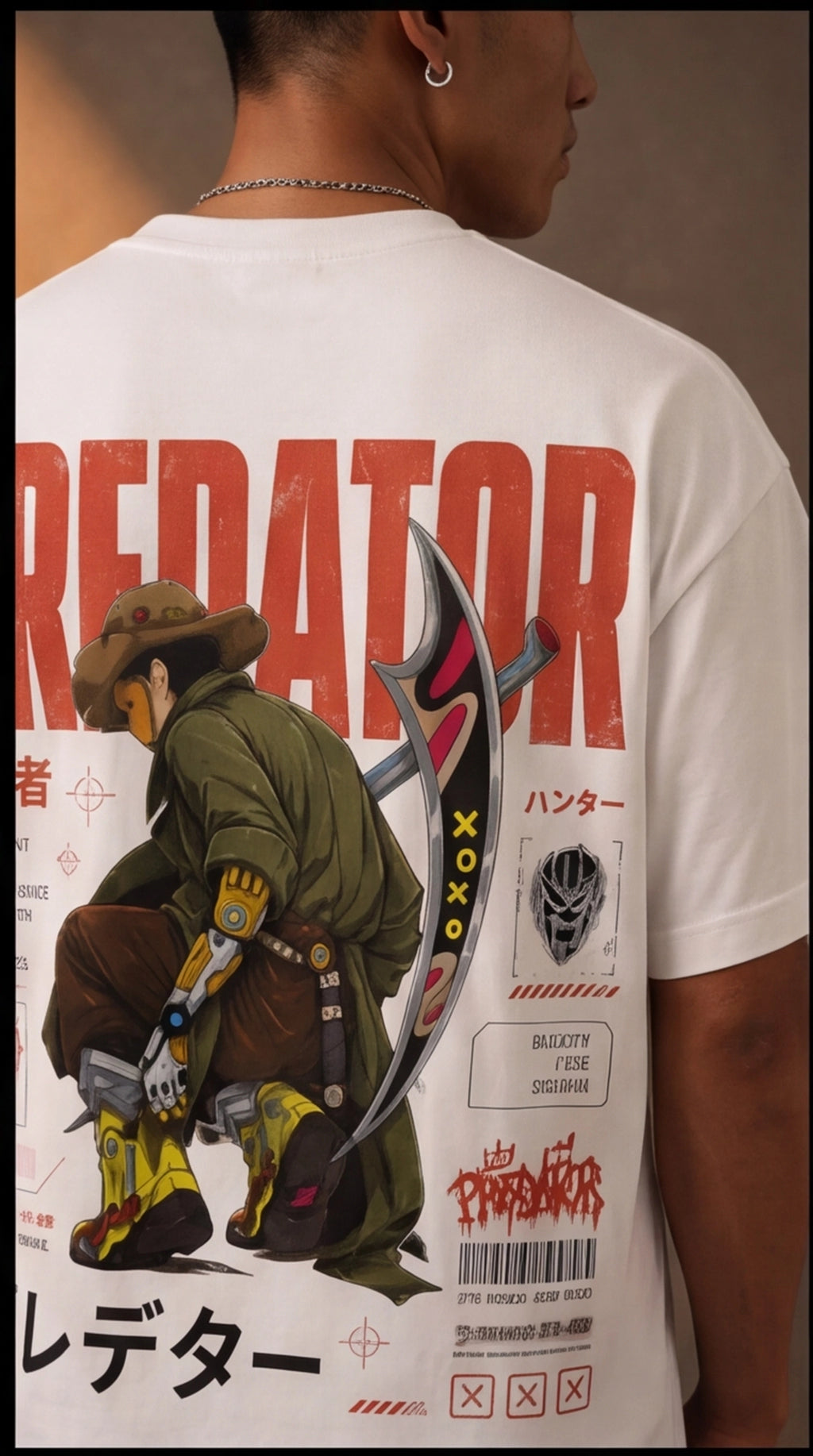 Predator Samurai Graphic Oversized T-Shirt – White Anime Streetwear Tee