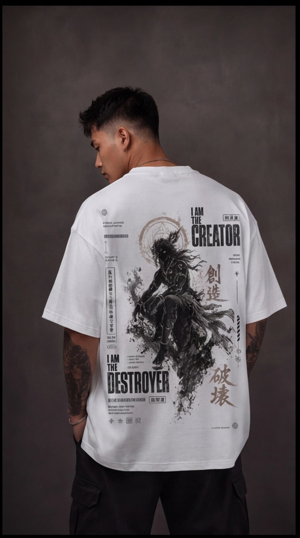 Ouffits white mythic warrior graphic oversized t-shirt — Creator & Destroyer – Person wearing a white t-shirt with graphic design and text on the back against a dark background