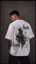 Ouffits white mythic warrior graphic oversized t-shirt — Creator & Destroyer – Person wearing a white t-shirt with graphic design and text on the back against a dark background