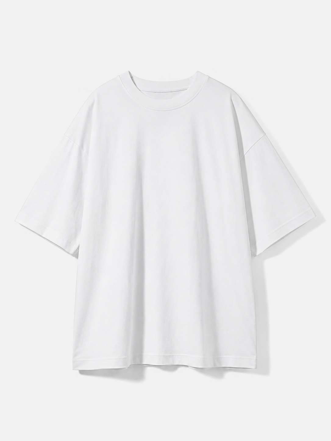 A plain white short-sleeve crewneck t-shirt displayed against a clean, light gray studio background.