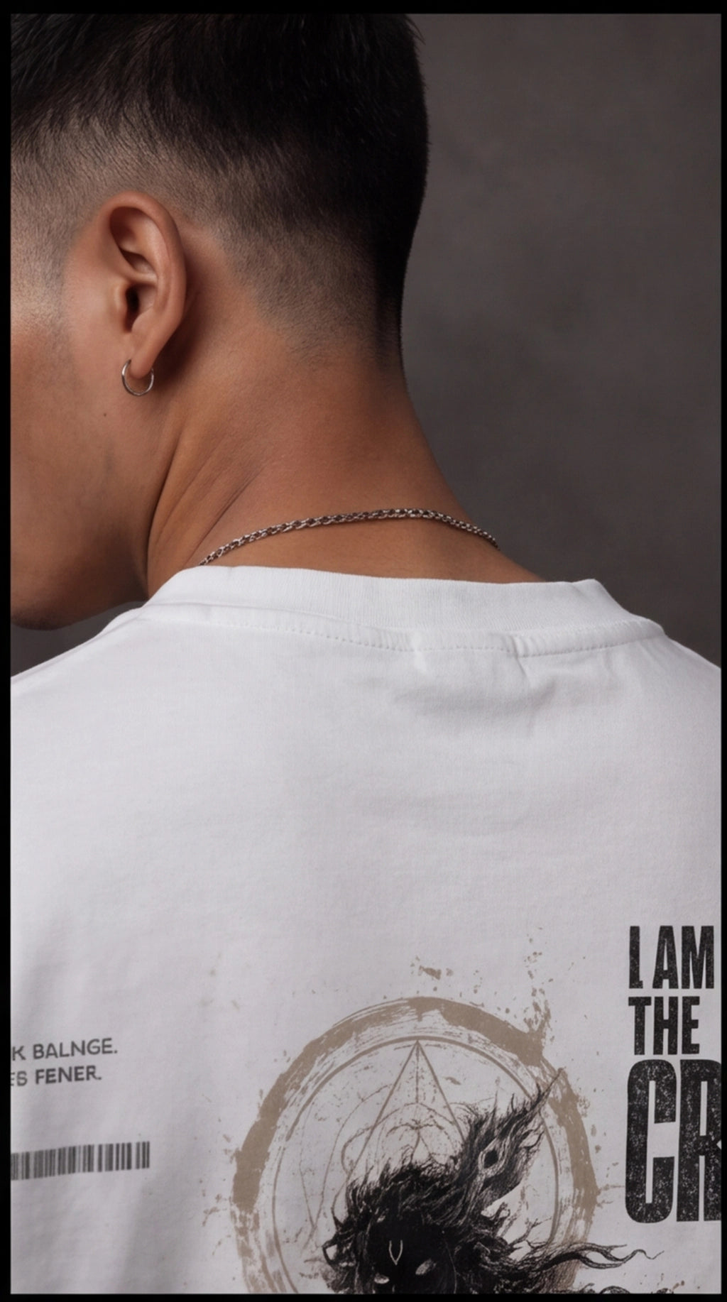 Ouffits white mythic warrior graphic oversized t-shirt — Creator & Destroyer – Person wearing a white t-shirt with graphic design and text on the back.