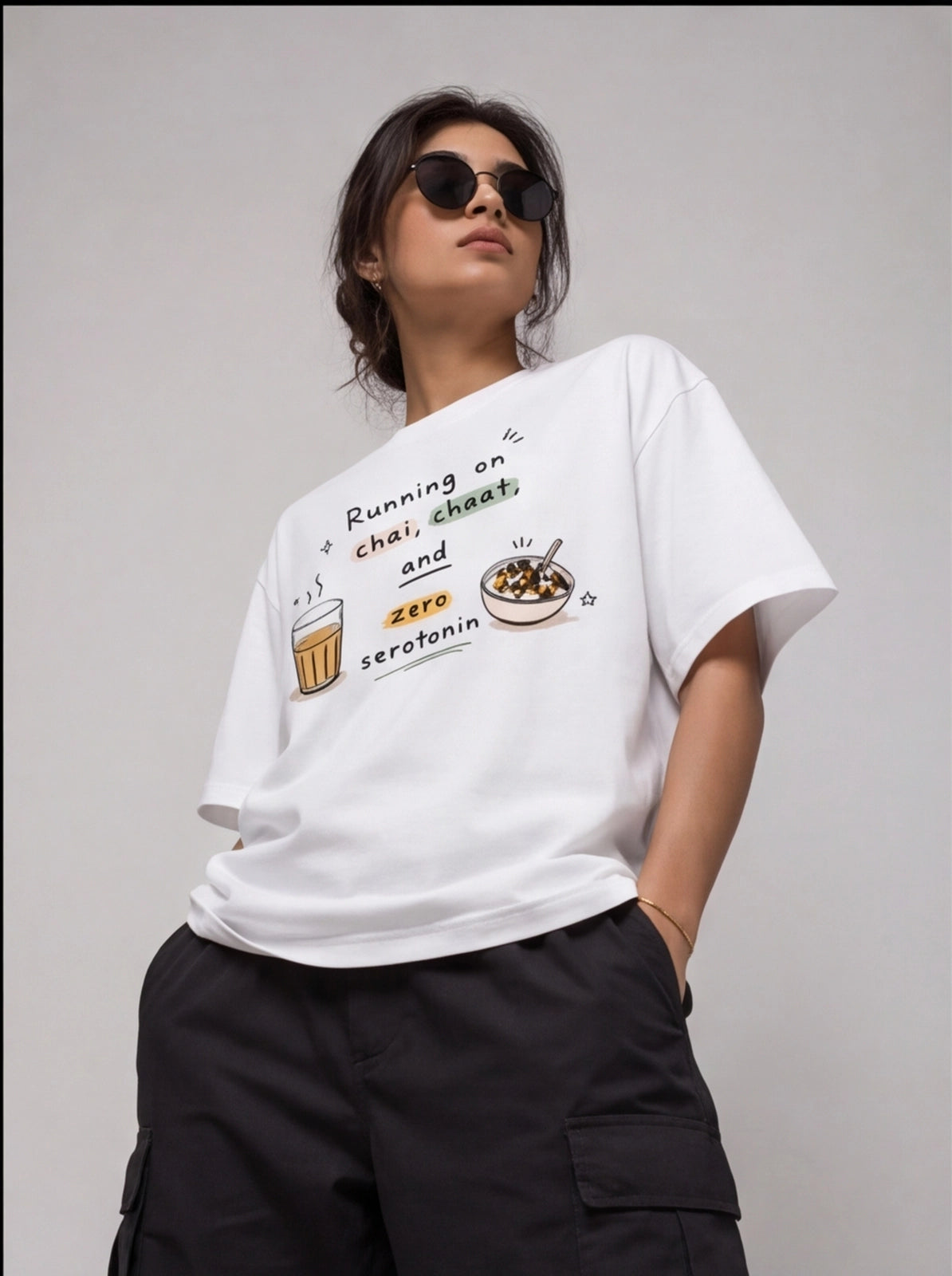 Running on Chai, Chaat & Zero Serotonin Oversized T-Shirt – White Graphic Tee