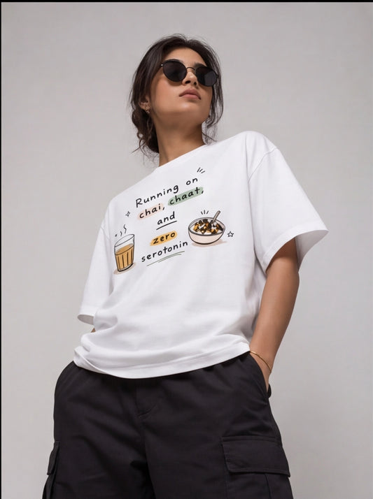 Running on Chai, Chaat & Zero Serotonin Oversized T-Shirt – White Graphic Tee
