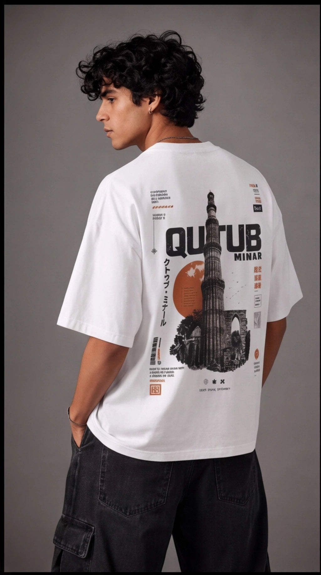 Qutub Minar Heritage Oversized T-Shirt – White Urban Graphic Tee