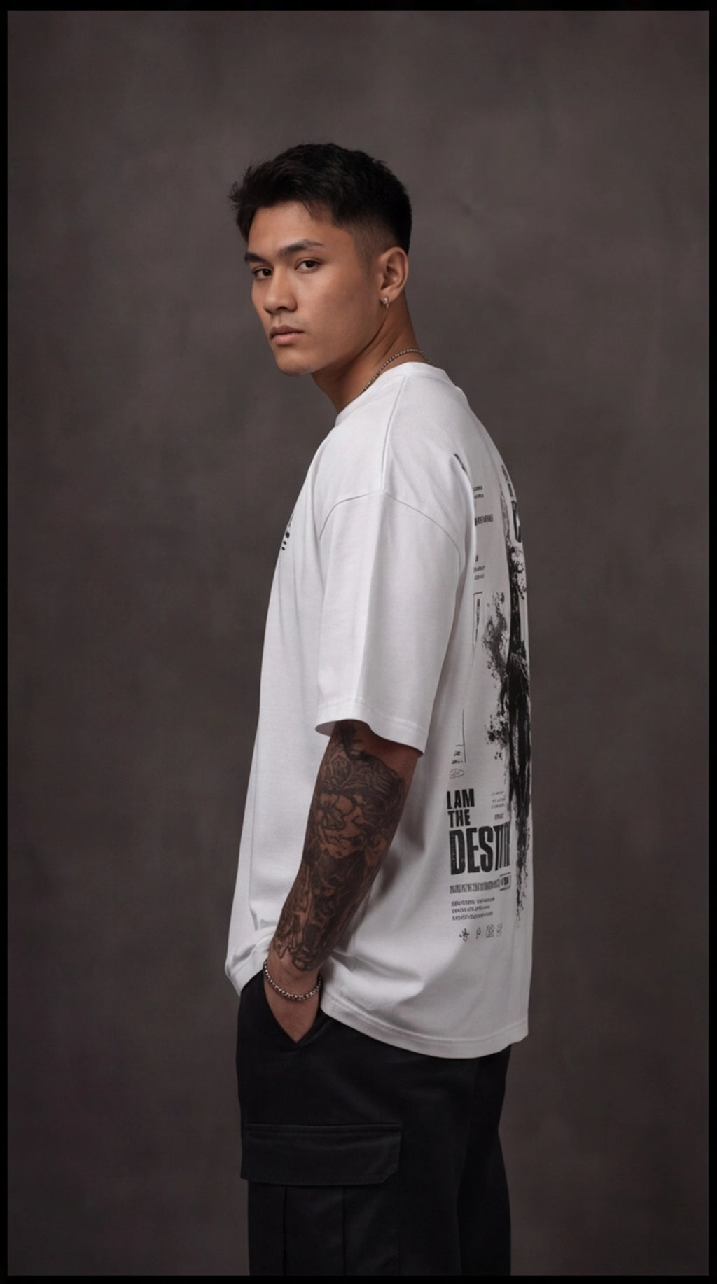 Ouffits white mythic warrior graphic oversized t-shirt — Creator & Destroyer – Person wearing a white t-shirt with graphic design on a gray background