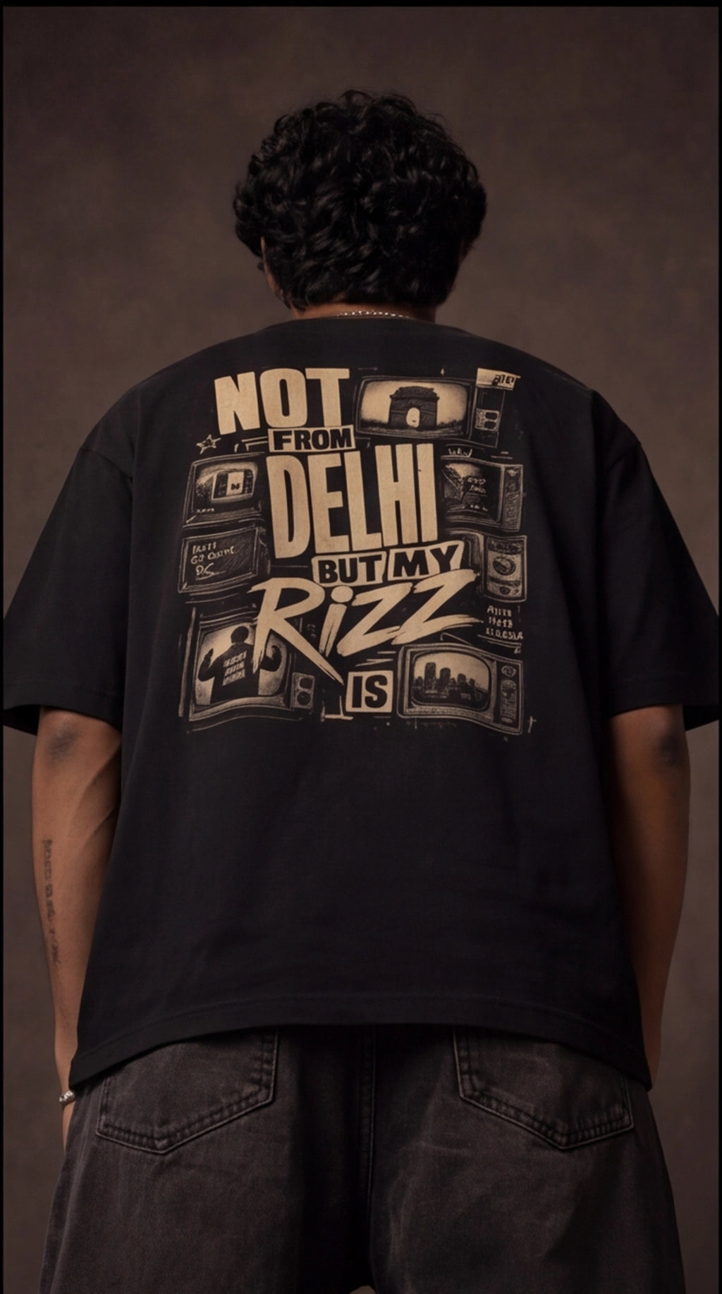 Not From Delhi But My Rizz Is Oversized T-Shirt – Black Vintage Graphic Tee