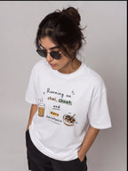 Running on Chai, Chaat & Zero Serotonin Oversized T-Shirt – White Graphic Tee