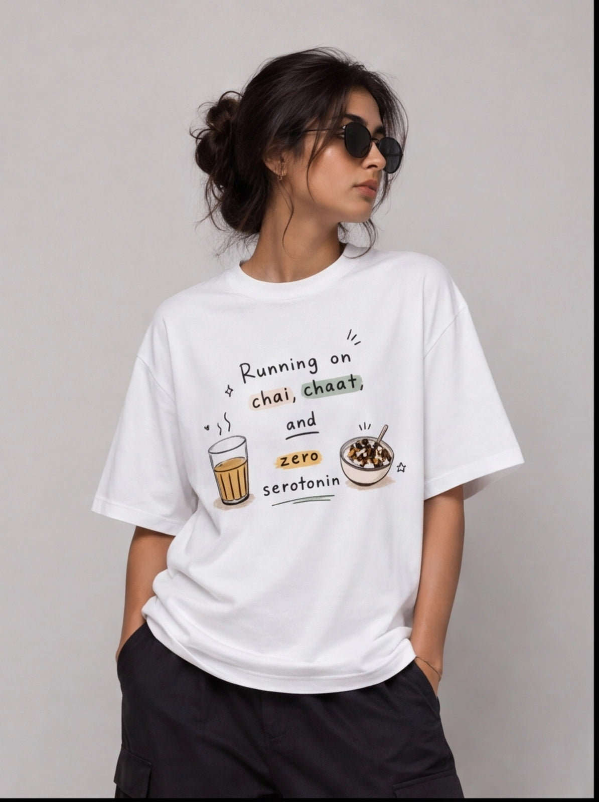 Running on Chai, Chaat & Zero Serotonin Oversized T-Shirt – White Graphic Tee
